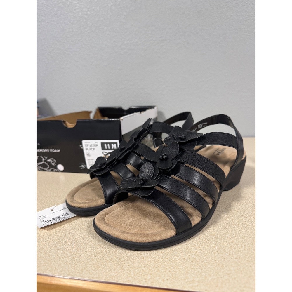 East 5th Ister Black Floral Wedge Sandals‎ Memory Foam 11M NEW